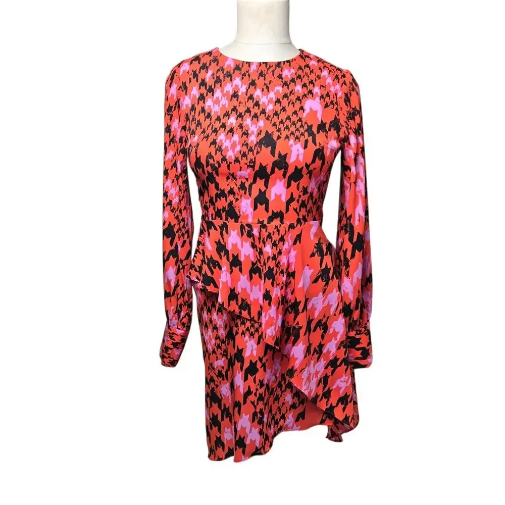 Topshop Asymmetrical Long Sleeve Dress Size 0 Houndstooth Pattern Multicolor